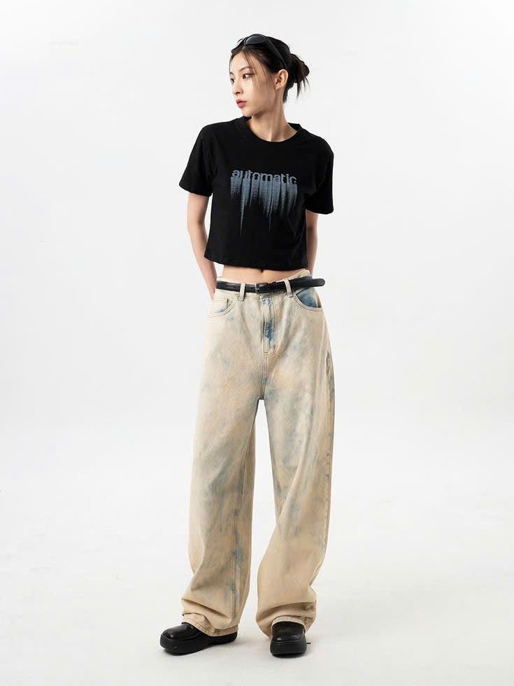 Quần Jean Nữ Ống Rộng Loang Màu Lưng Cao - Vintage Wash