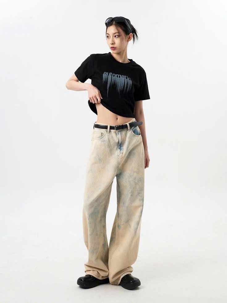 Quần Jean Nữ Ống Rộng Loang Màu Lưng Cao - Vintage Wash