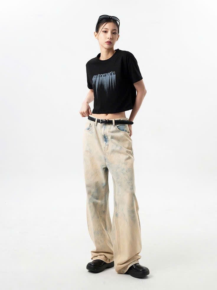 Quần Jean Nữ Ống Rộng Loang Màu Lưng Cao - Vintage Wash