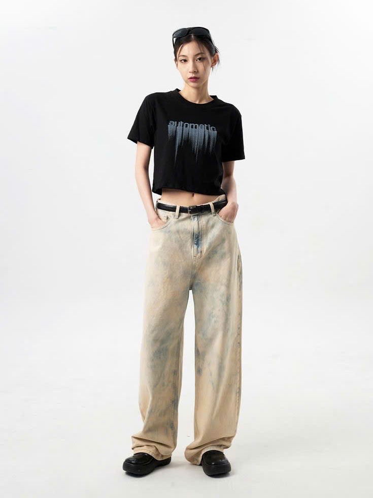 Quần Jean Nữ Ống Rộng Loang Màu Lưng Cao - Vintage Wash