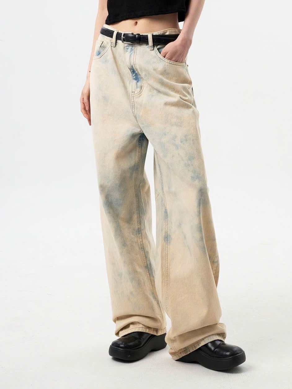Quần Jean Nữ Ống Rộng Loang Màu Lưng Cao - Vintage Wash
