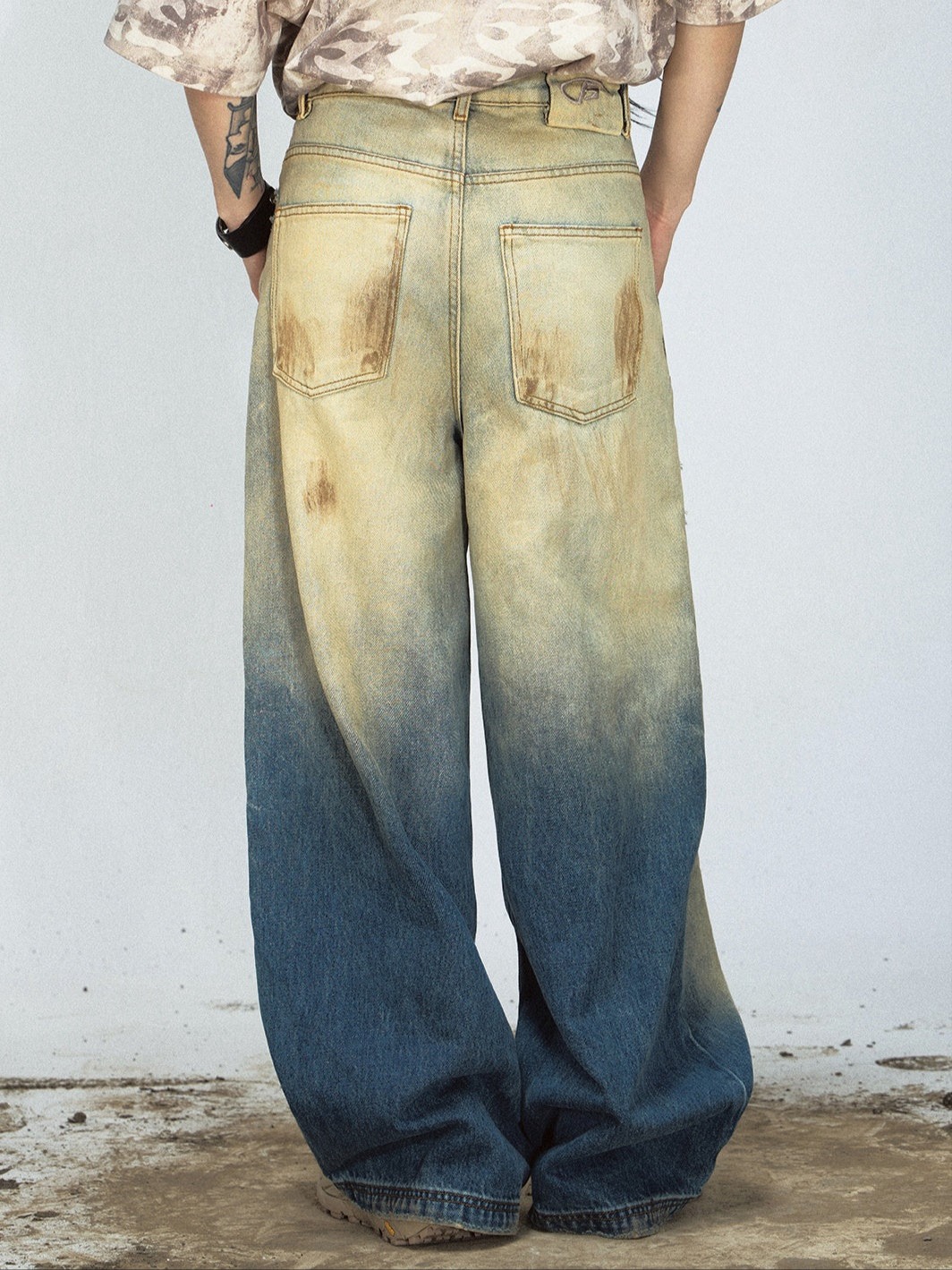 Mud-dyed Ripped Wide Straight Jeans