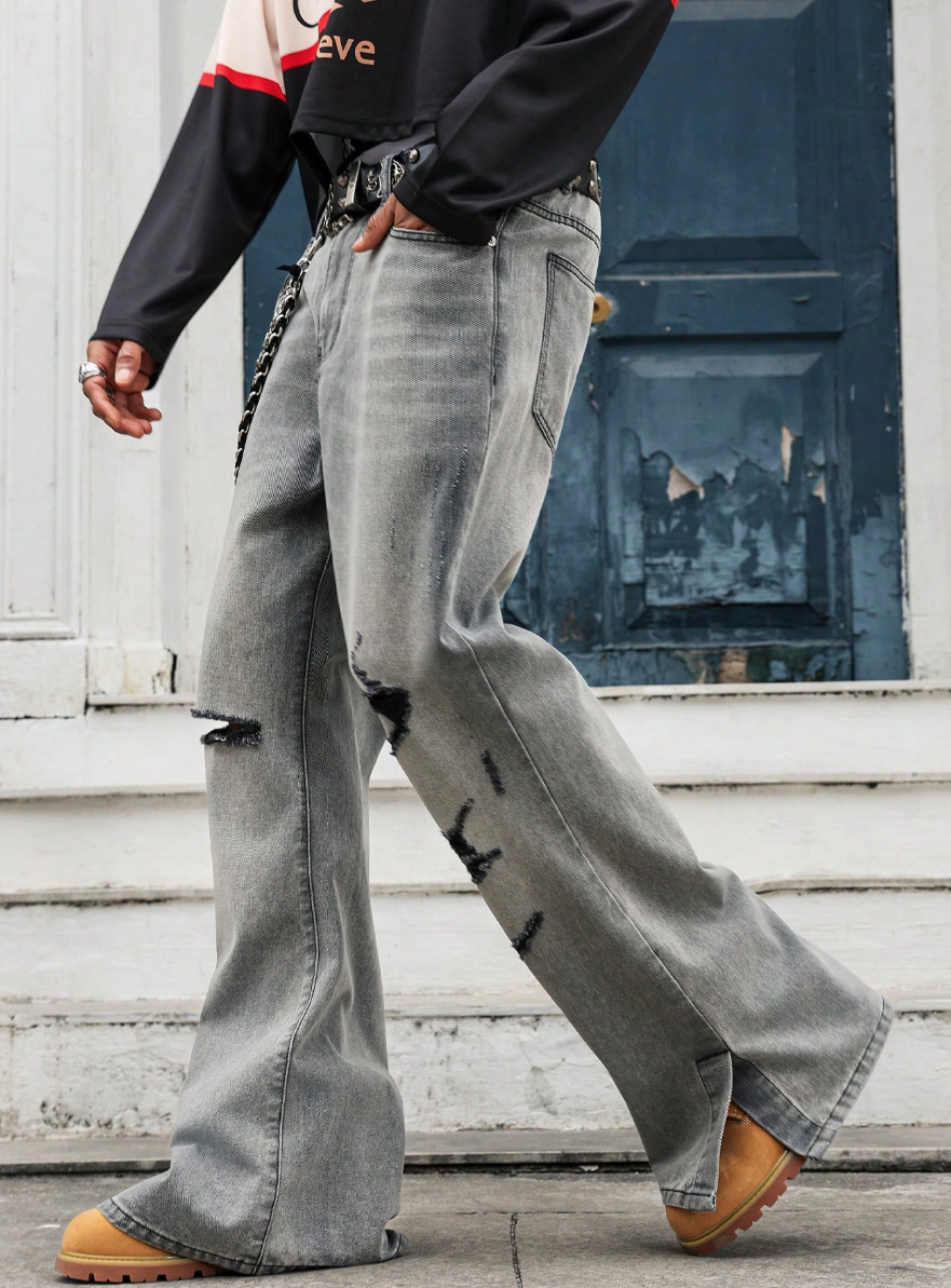 Quần Jeans Ống Rộng Rách Gối Xám Wash