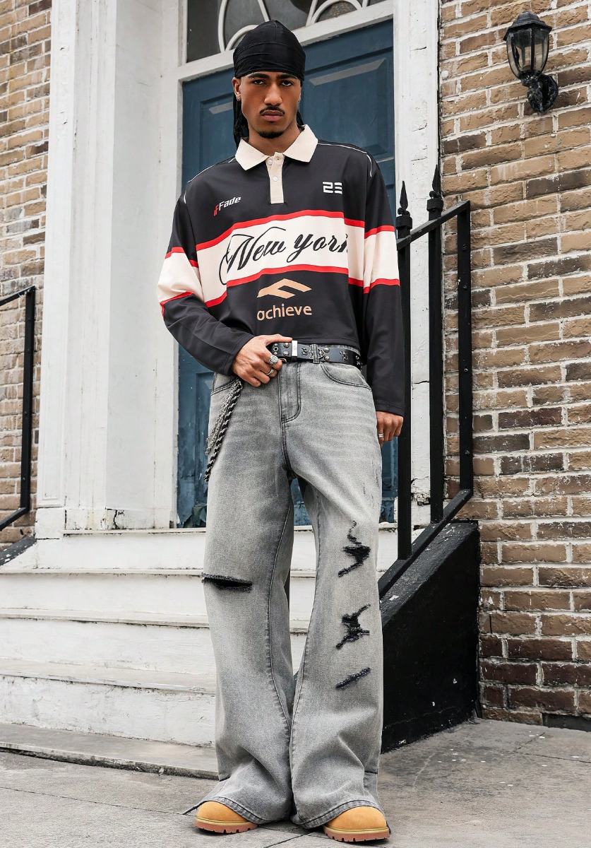Quần Jeans Ống Rộng Rách Gối Xám Wash