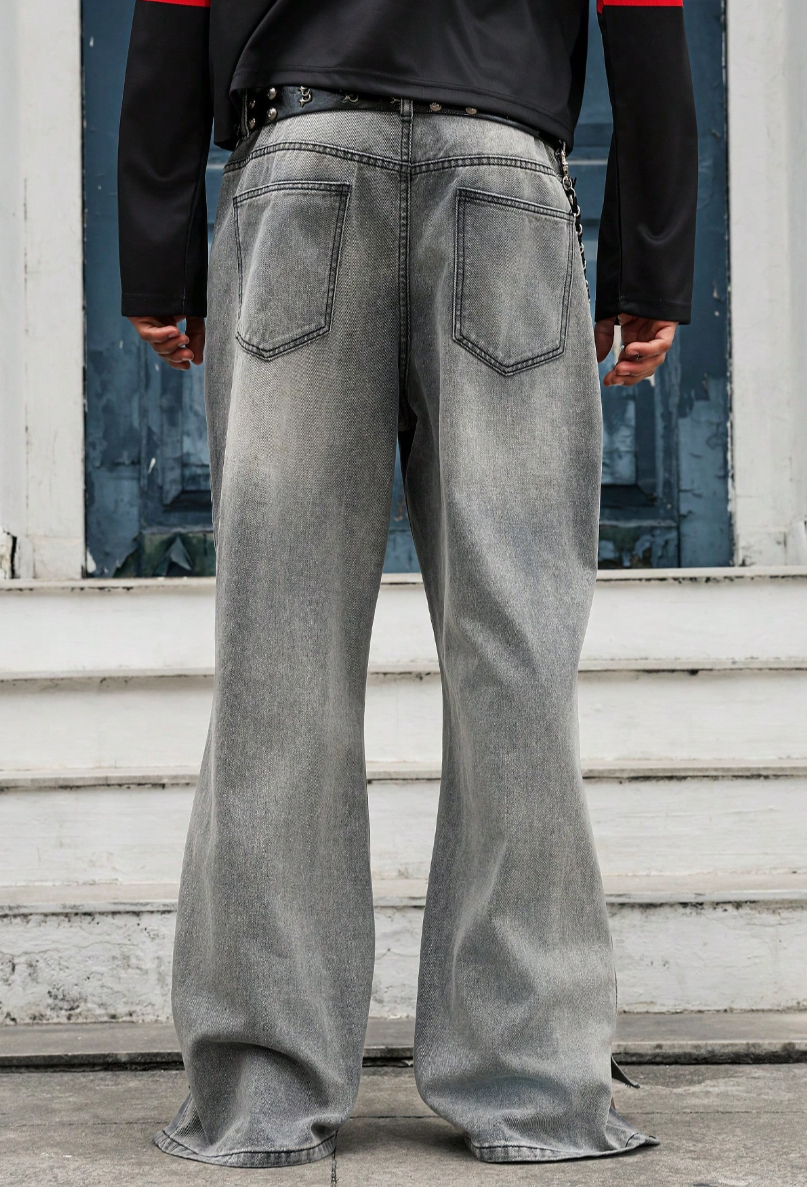 Quần Jeans Ống Rộng Rách Gối Xám Wash