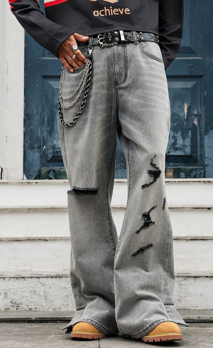 Quần Jeans Ống Rộng Rách Gối Xám Wash