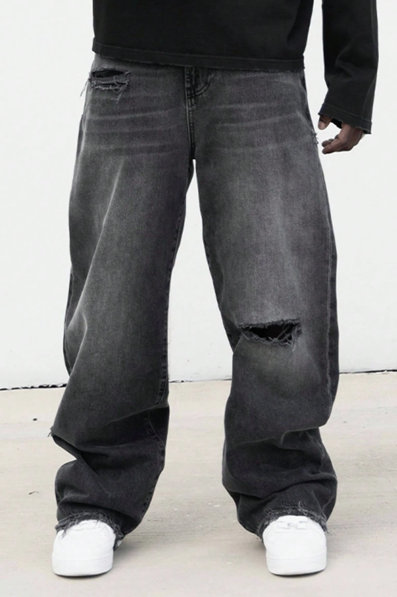 Quần Jeans Baggy Đen Wash Rách
