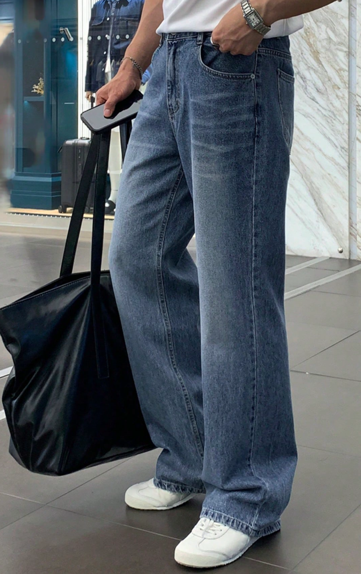 Quần Jeans Suông Xanh Trung Tính